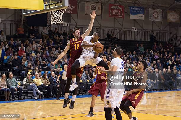 Juwan Staten of the Santa Cruz Warriors drives to the basket against the Canton Charge during an NBA D-League game on December 15, 2015 at the Kaiser...