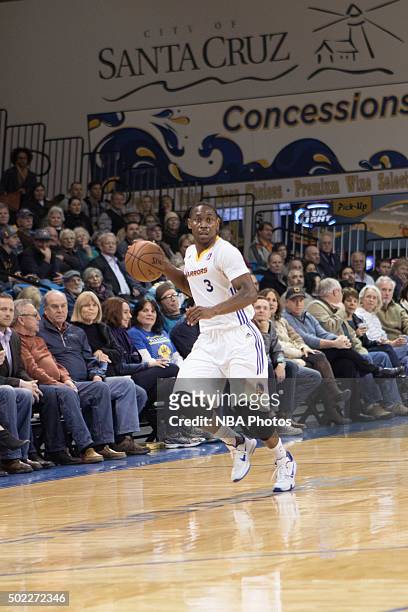 Juwan Staten of the Santa Cruz Warriors dribbles the ball up the court against the Canton Charge during an NBA D-League game on December 15, 2015 at...