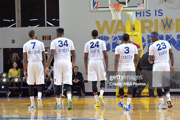 Elliot Williams, Anthony Vereen, Chris Udofia, Juwan Staten and Maurice Baker of the Santa Cruz Warriors walk off the court during an NBA D-League...