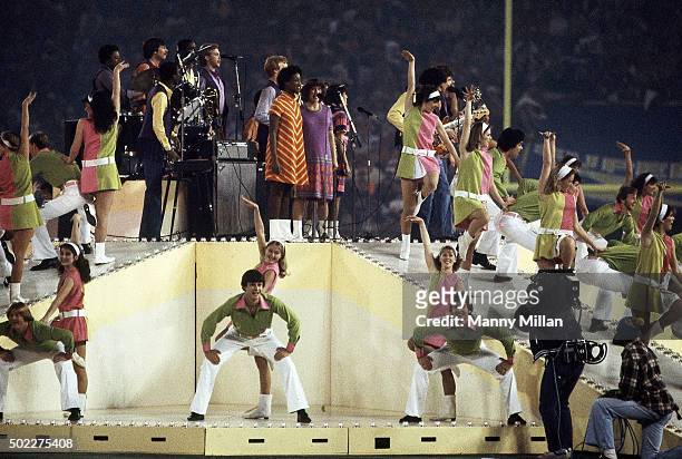 Super Bowl XVI: View of halftime show featuring "Up With People" on field during San Francisco 49ers vs Cincinnati Bengals game at Pontiac...