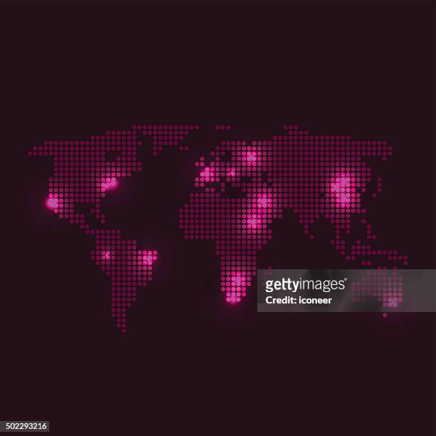 gepunktete weltkarte mit ländern auf dunkel lila hintergrund - photopollution stock-grafiken, -clipart, -cartoons und -symbole