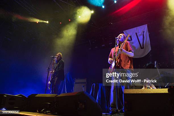 Alexander Chilli Jesson and Samuel Thomas Fryer from Palma Violets open for Florence and the Machine at Zenith de Paris on December 22, 2015 in...