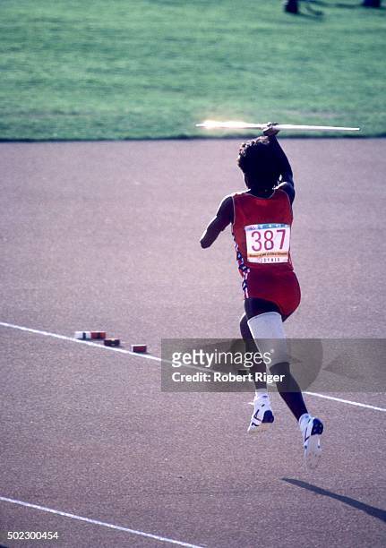 Jackie Joyner-Kersee of the United States runs with a javalin during a portion of the heptathlon at the 1984 Summer Olympic Games in August, 1984 at...