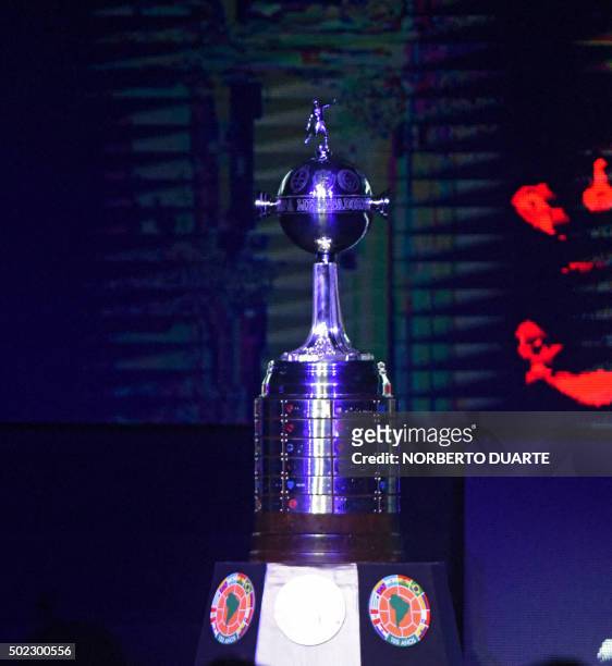 View of the Copa Libertadores trophy at the Conmebol headquarters on December 22, 2015 in Luque, Paraguay, ahead the draw for the Copa Libertadores...