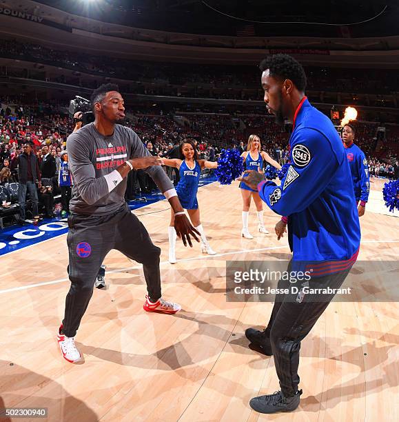 Robert Covington and Tony Wroten of the Philadelphia 76ers get ready for the game against the Memphis Grizzlies at Wells Fargo Center on December 22,...