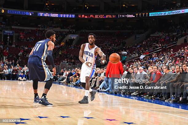 Tony Wroten of the Philadelphia 76ers bounce passes the ball against the Memphis Grizzlies at Wells Fargo Center on December 22, 2015 in...