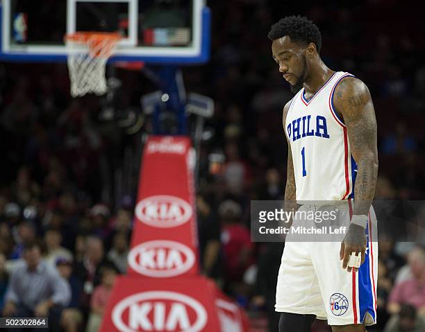 Tony Wroten of the Philadelphia 76ers reacts in the game against the Memphis Grizzlies on December 22, 2015 at the Wells Fargo Center in...