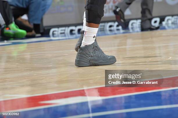 Tony Wroten of the Philadelphia 76ers showcases his Jordan 12s against the Memphis Grizzlies at Wells Fargo Center on December 22, 2015 in...