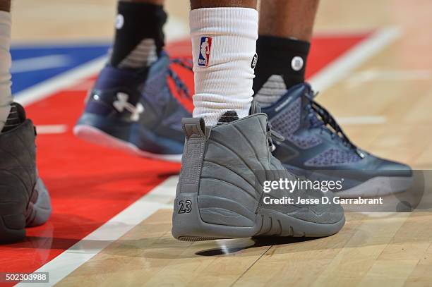 Tony Wroten of the Philadelphia 76ers showcases his Jordan 12s against the Memphis Grizzlies at Wells Fargo Center on December 22, 2015 in...