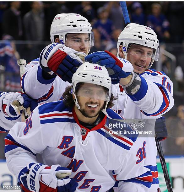 Mats Zuccarello of the New York Rangers celebrates his game winning goal at 2:37 of overtime against the Anaheim Ducks at Madison Square Garden on...