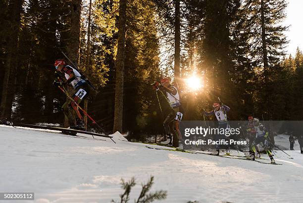 Vanessa Hinz from Germany, Maren Hammerschmidt from Germany and other competitors on the course during women 12,5km mass start at Biathlon World Cup...