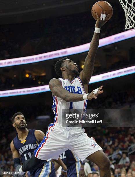 Tony Wroten of the Philadelphia 76ers attempts a layup in the game against the Memphis Grizzlies on December 22, 2015 at the Wells Fargo Center in...