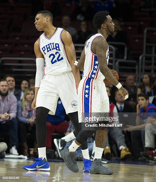 Richaun Holmes and Tony Wroten of the Philadelphia 76ers react in the game against the Memphis Grizzlies on December 22, 2015 at the Wells Fargo...