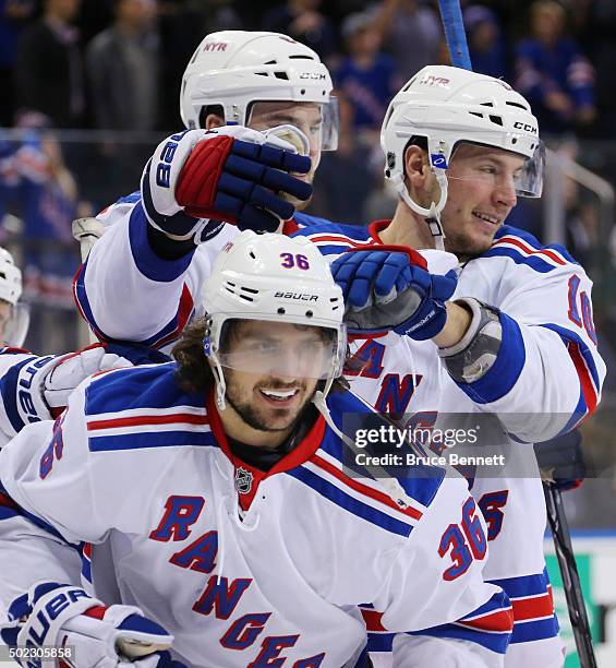 Mats Zuccarello of the New York Rangers celebrates his game winning goal at 2:37 of overtime against the Anaheim Ducks at Madison Square Garden on...