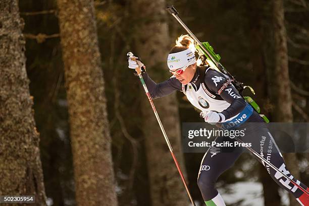 Federica Sanfilippo from Italy on the course during women 12,5 km mass start at Biathlon World Cup race.