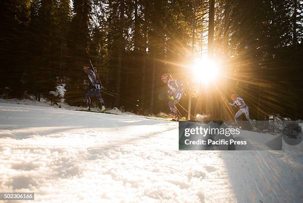 Veronika Vitkova from Czech Republic and Gabriela Soukalova from Czech Republic on the course during women 12,5 km mass start at Biathlon World Cup...