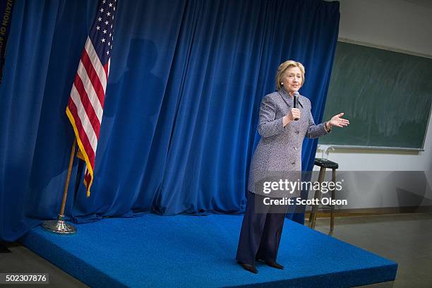 Democratic presidential candidate Hillary Clinton speaks to volunteers at a United Steelworkers Union Hall on December 22, 2015 in Bettendorf, Iowa....