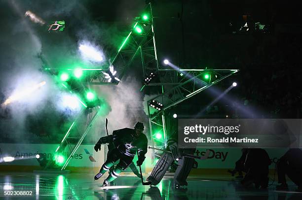 The Dallas Stars skate onto the ice before a game against the Chicago Blackhawks at American Airlines Center on December 22, 2015 in Dallas, Texas.