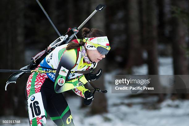 Nadezhda Skardino from Belarus on the course during women 12,5 km mass start at Biathlon World Cup race.