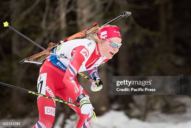 Hilde Fenne from Norway on the course during women 12,5 km mass start at Biathlon World Cup race.