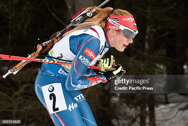 Gabriela Soukalova from Czech Republic on the course during women 12,5 km mass start at Biathlon World Cup race.