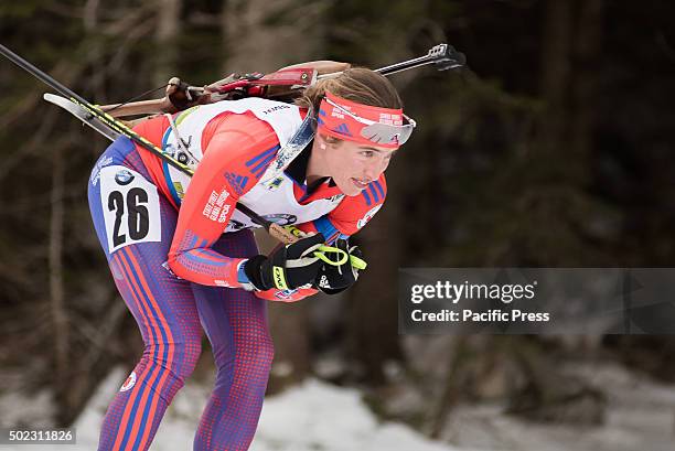 Susan Dunklee from United States of America on the course during women 12,5 km mass start at Biathlon World Cup race.