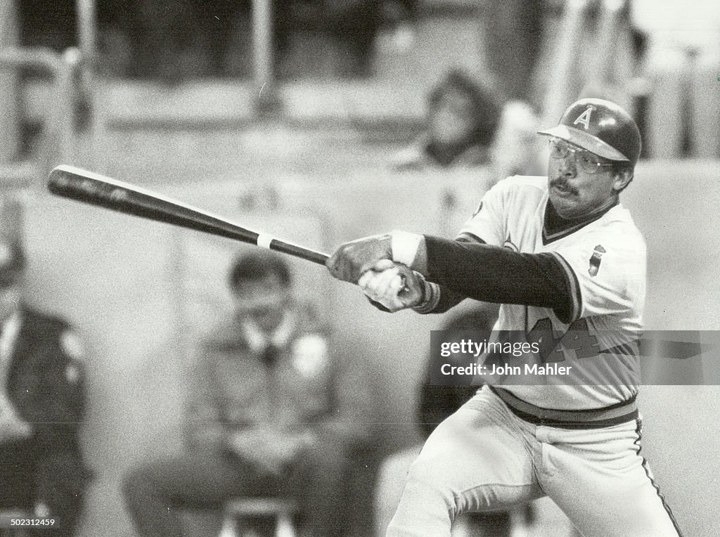 Big day for Reggie: California Angels slugger Reggie Jackson shows the swing that gave him three hit