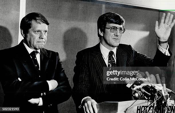 Tourney scrapped: Alan Eagleson; right; waved goodbye to Canada Cup 80 while Hockey Canada chairman Lou Lefaive looked on; disheartened by the news....