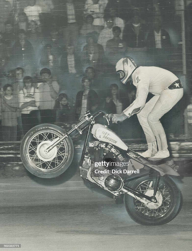 Star-Spangled Stuntman Evel Knievel (born Robert Craig Knievel) warms up Thursday night at Buffalo's