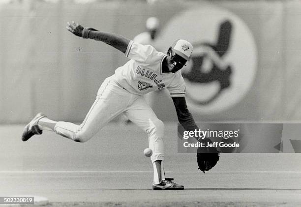 He caught it: Blue Jays' shortstop Tony Fernandez displayed his gold glove qualities at Exhibition Stadium yesterday as he tracked down this line...