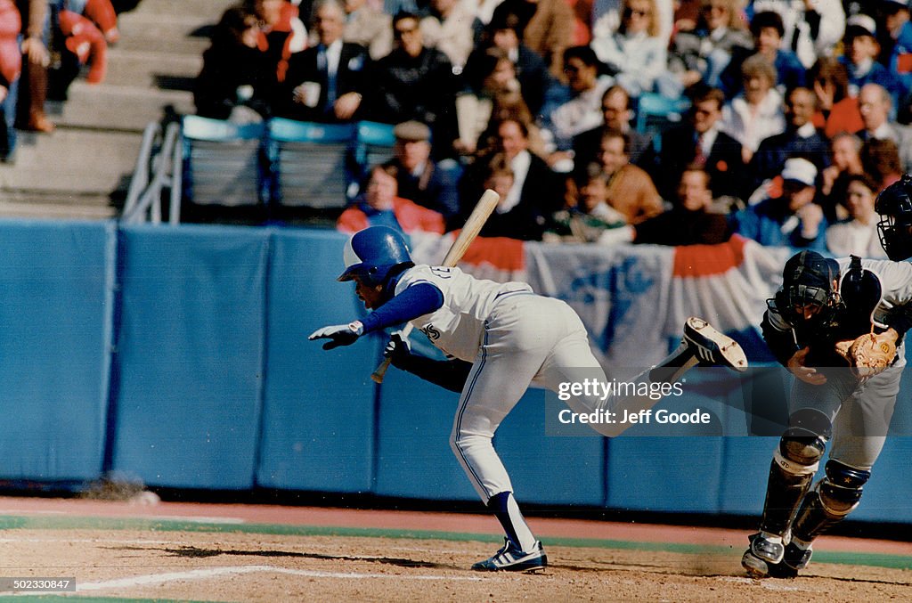 The Jays returned to Exhibition Stadium last week. Tony Fernandez and Jesse Barfield (left and right