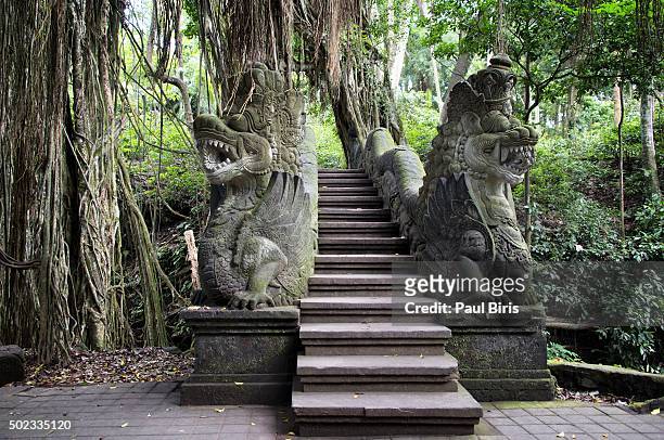 the dragon bridge in the monkey forest park, ubud, bali, indonesia. - ubud monkey forest stock pictures, royalty-free photos & images
