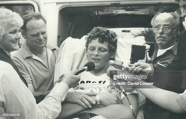 Terry Fox with his mother and father at his side gives his final Marathon of hope Press conference in Thunder bay Tues before he was taken to The...