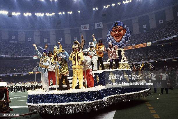 Super Bowl XV: View of Mardi Gras themed float on field during halftime show of Oakland Raiders vs Philadelphia Eagles game at Louisiana Superdome....