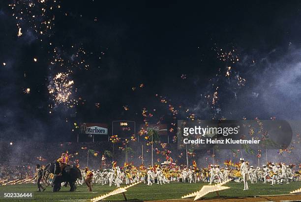 Super Bowl XVIII: View of halftime show with "Salute to Superstars of rhe Silver Screen" produced by The Walt Disney Company during Washington...
