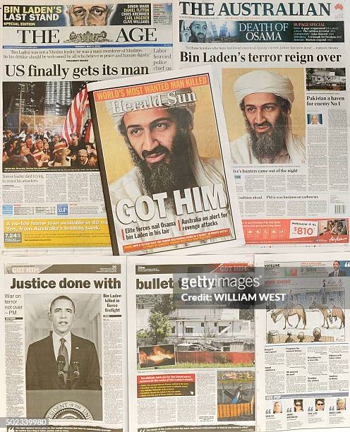 Photo shows front page and inside newspaper coverge in Melbourne on May 3 of the death of Osama bin Laden in a firefight with US troops in Pakistan....