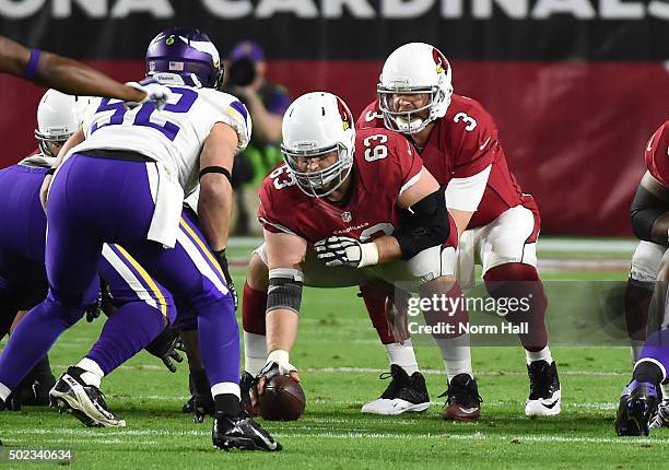 Carson Palmer of the Arizona Cardinals gets ready to take the snap from teammate Lyle Sendlein against the Minnesota Vikings at University of Phoenix...