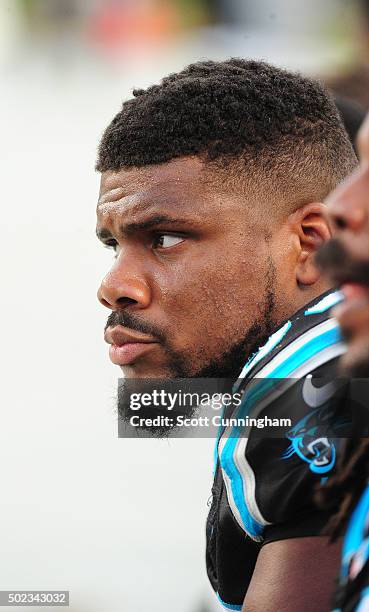 Daryl Williams of the Carolina Panthers watches the action against the Atlanta Falcons at Bank Of America Stadium on December 13, 2015 in Charlotte,...