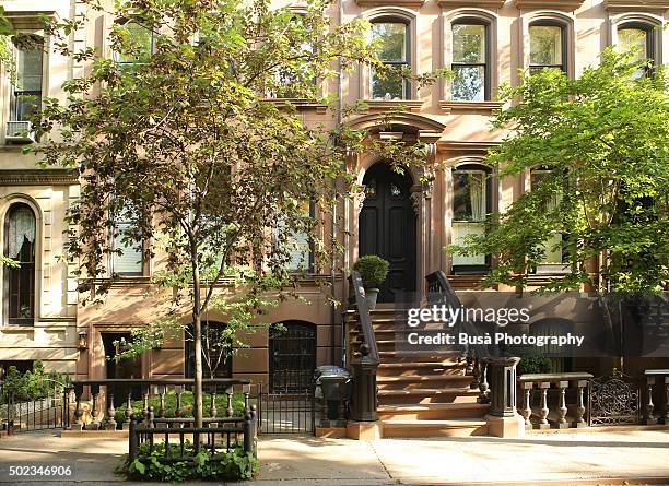 brownstones in a quiet residential street in manhattan, new york city - chelsea new york fotografías e imágenes de stock