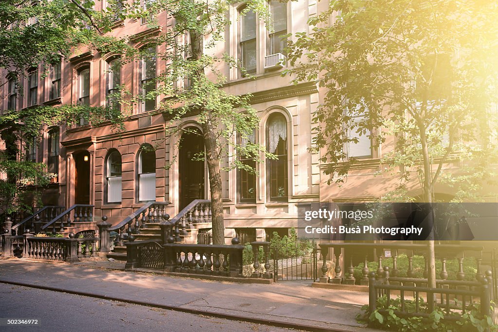 Brownstones in a quiet residential street in Manhattan, New York City