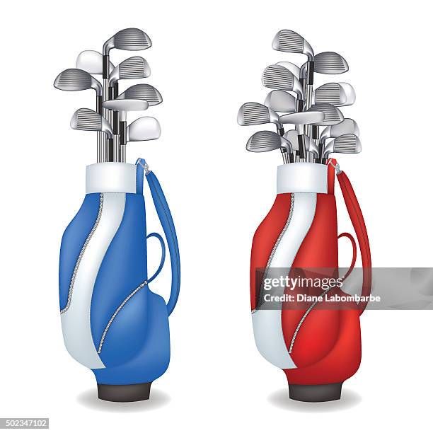 rote und blaue-taschen mit clubs - putting green stock-grafiken, -clipart, -cartoons und -symbole