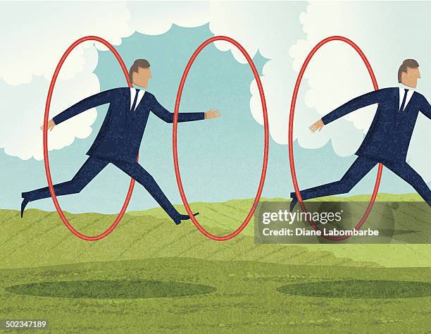 businessmen jumping through hoops - editorial illustration stock illustrations