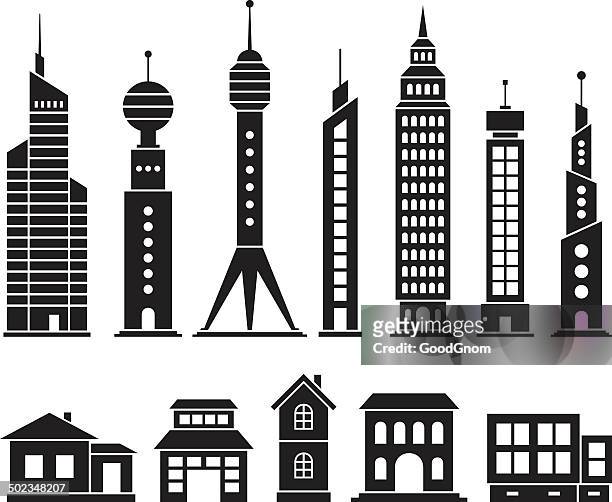 illustrazioni stock, clip art, cartoni animati e icone di tendenza di house e grattacieli set - torre con guglia