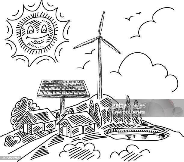 eco village drawing - pencil drawing house stock illustrations