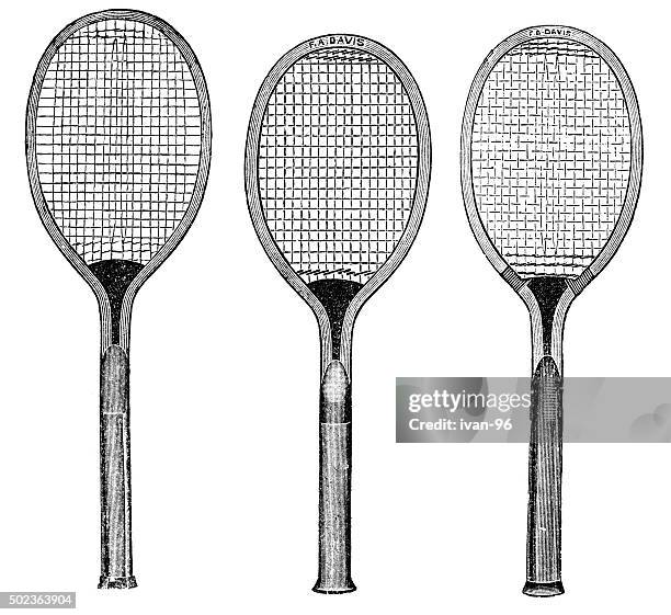 stockillustraties, clipart, cartoons en iconen met tennis racket - etching