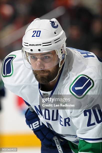 Chris Higgins of the Vancouver Canucks looks on against the Philadelphia Flyers on December 17, 2015 at the Wells Fargo Center in Philadelphia,...