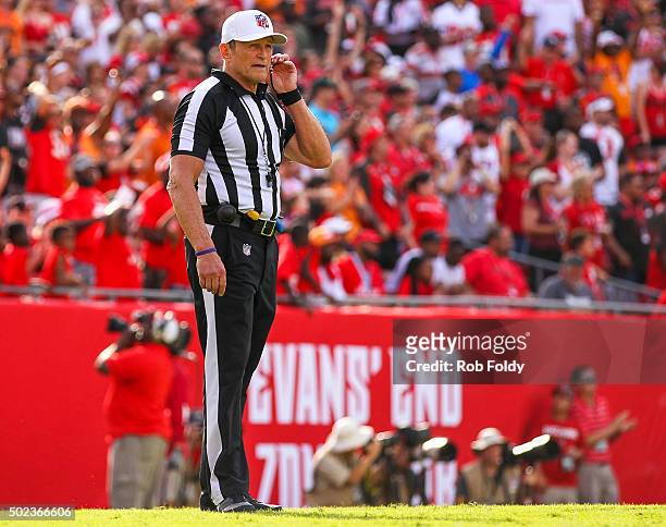 Referee Ed Hochuli looks on during the game between the Tampa Bay Buccaneers and the Atlanta Falcons at Raymond James Stadium on December 6, 2015 in...