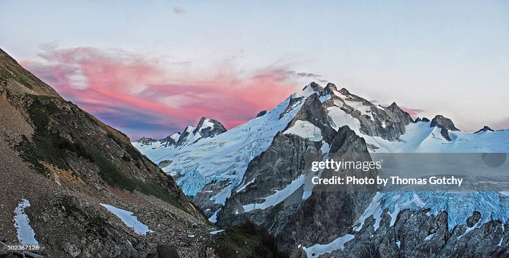 Sunset, Dome and Sinister Peaks from Lizard Col, Ptarmigan Traverse, Glacier Peak Wilderness Area, Washington State