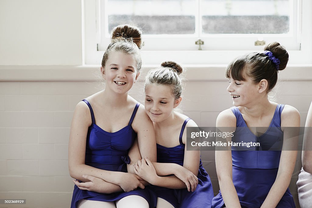 Female ballet dancers laughing together