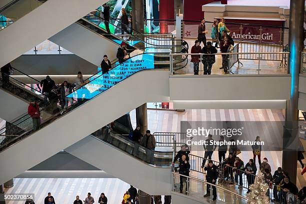 Mall goers and police queue up to around the rotunda of the Mall of America waiting for the planned Black Lives Matter demonstration on December 23,...
